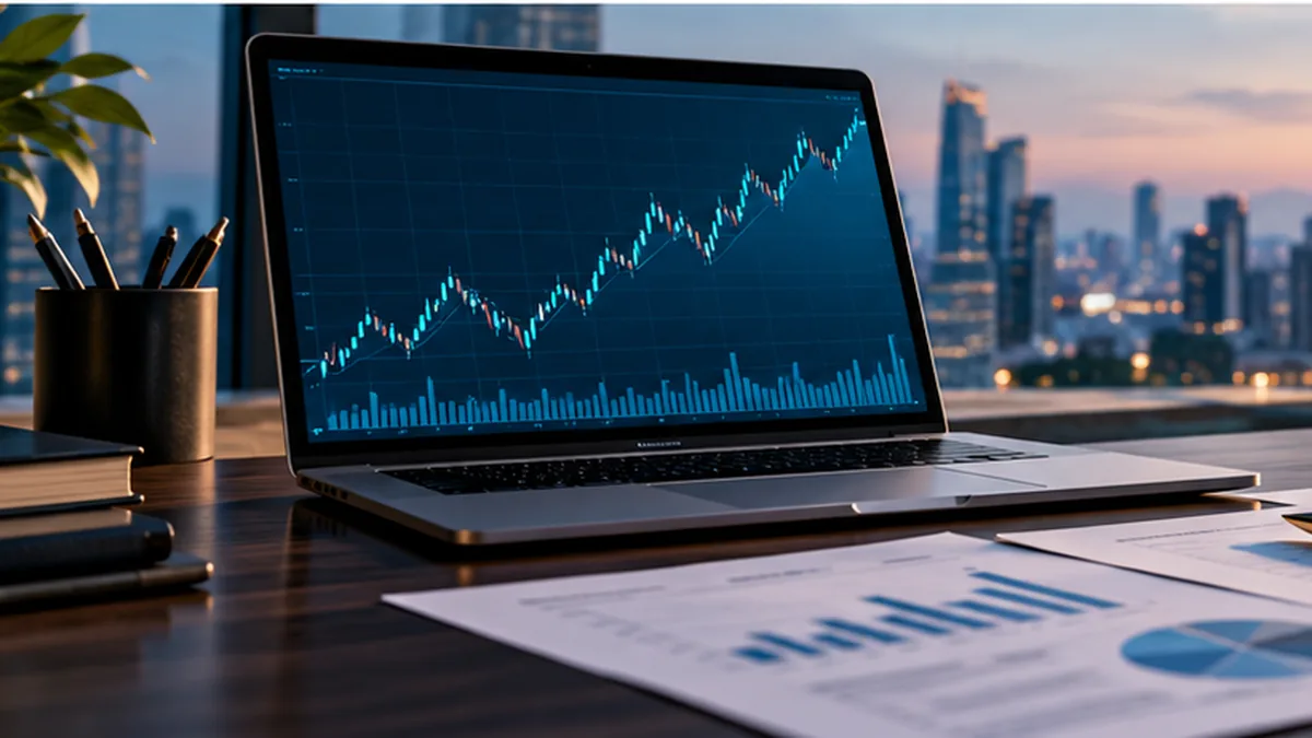 Investor workspace with laptop Anthropic Stock chart and financial reports