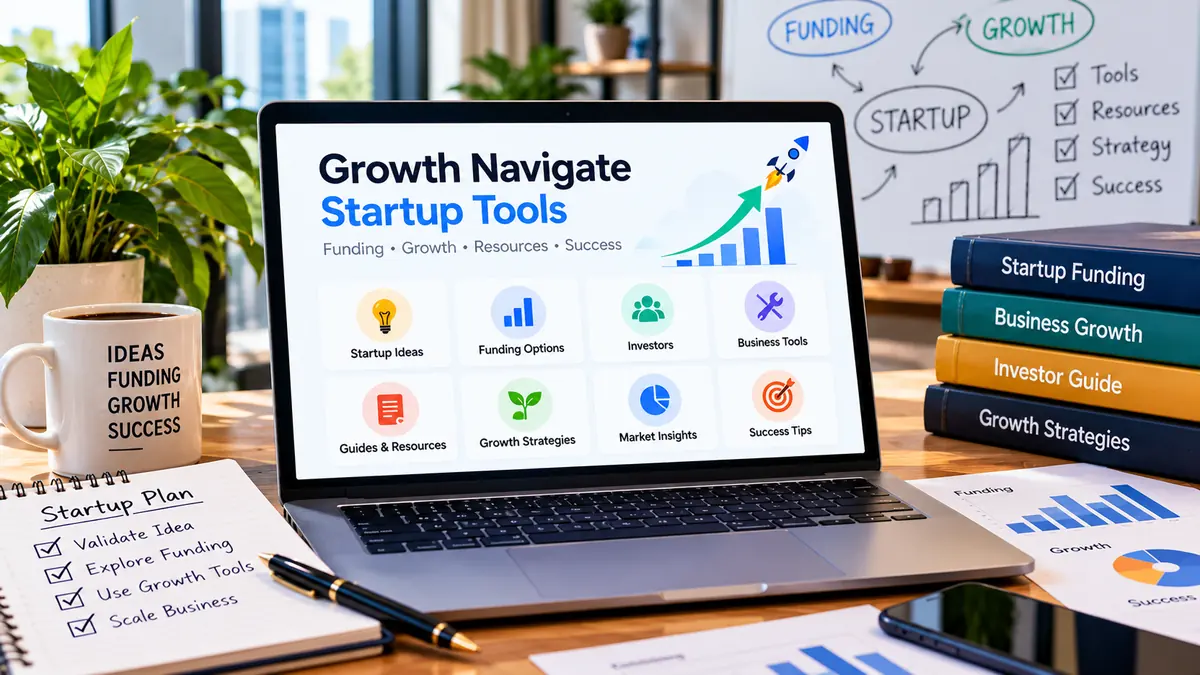 Original startup Growth Navigate Startup Tools illustration showing software tools, funding ideas and a business roadmap