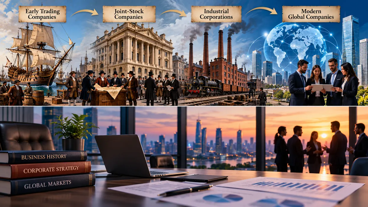 Illustrated timeline of joint Companies history and the development of modern corporations