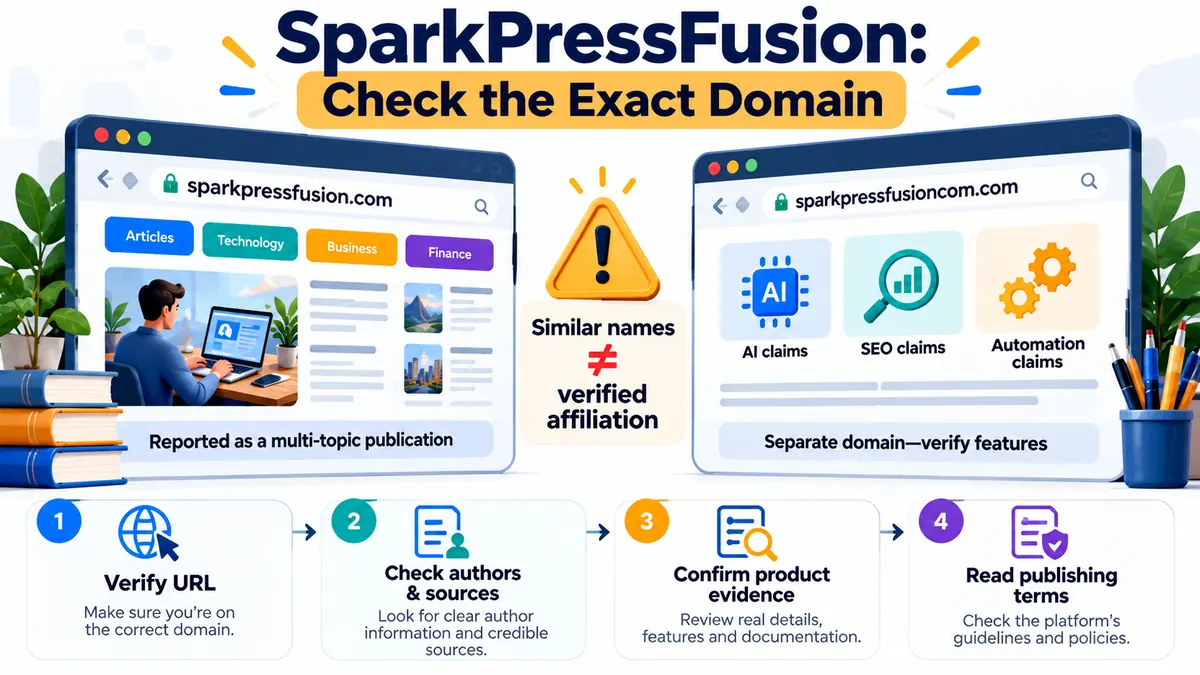 Infographic comparing sparkpressfusion.com with the similarly named sparkpressfusioncom.com and four steps for checking domain and publishing claims