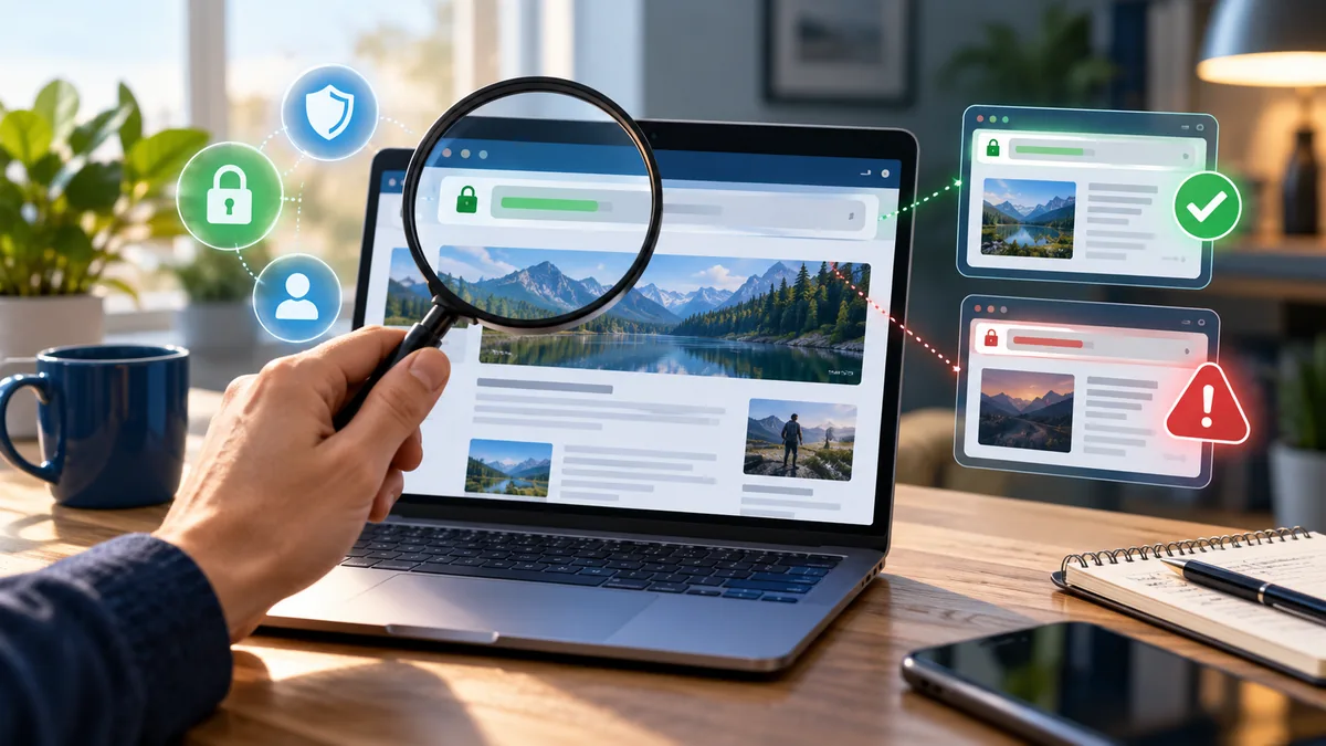 Original editorial image showing a reader verifying web pages and checking website safety indicators Thealite Keep Safe