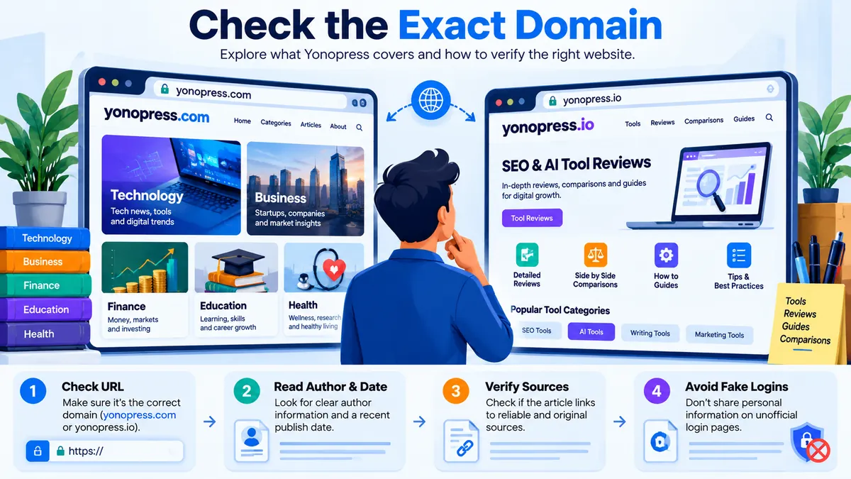 Infographic comparing Yonopress.com multi-topic publishing with Yonopress.io SEO and AI tool reviews, including four website verification steps